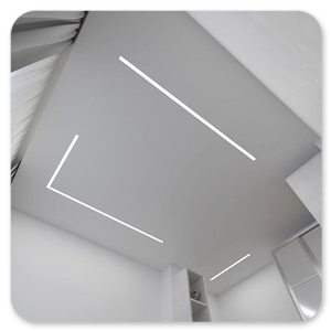 Тканевый натяжной потолок со световыми линиями в стиле минимализм