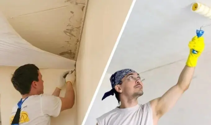 Монтаж натяжного потолка в квартире на этапе ремонта. Сравнение с классической отделкой показывает, как натяжной потолок скрывает неровности основания и упрощает финишные работы.