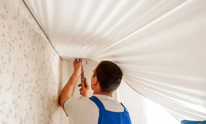 Установка тканевого натяжного потолка методом холодного монтажа — без тепловой пушки, шума и нагрева помещения.